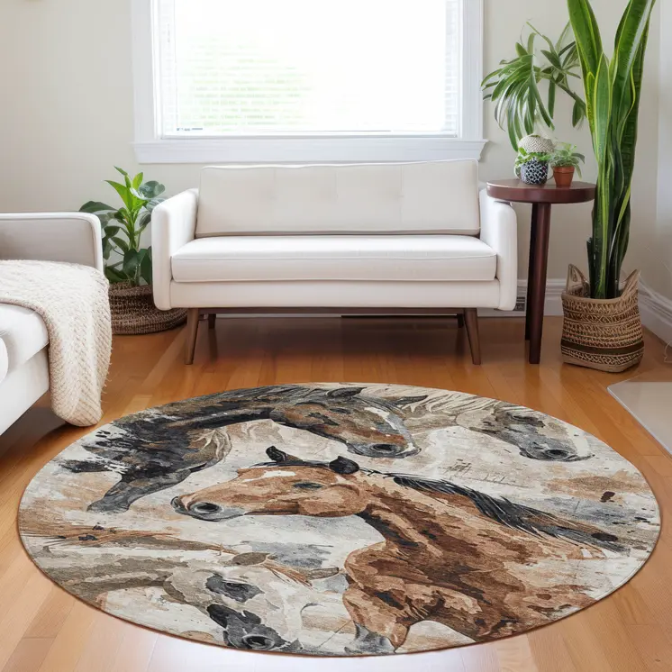 8' Beige Charcoal And Brown Round Horse Washable Indoor Outdoor Area Rug
