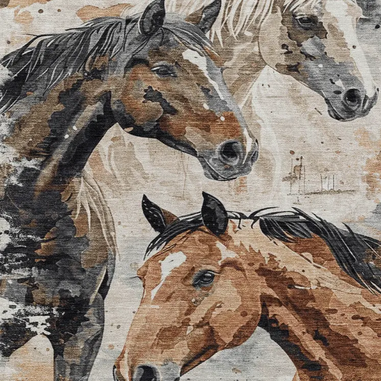 8' X 10' Beige Charcoal And Brown Horse Washable Indoor Outdoor Area Rug