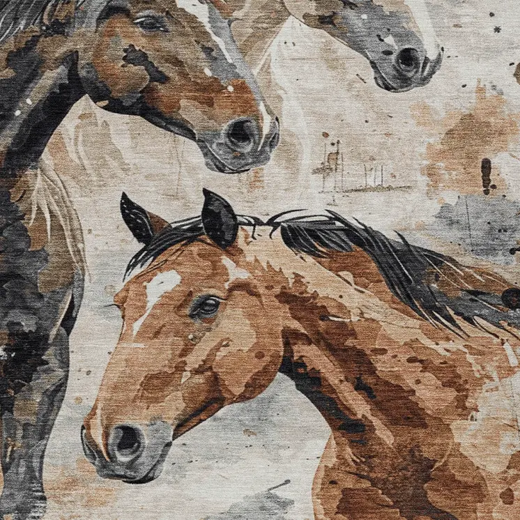 9' X 12' Beige Charcoal And Brown Horse Washable Indoor Outdoor Area Rug