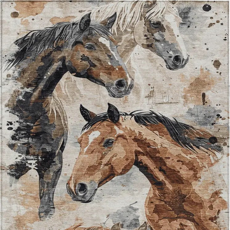 10' X 14' Beige Charcoal And Brown Horse Washable Indoor Outdoor Area Rug