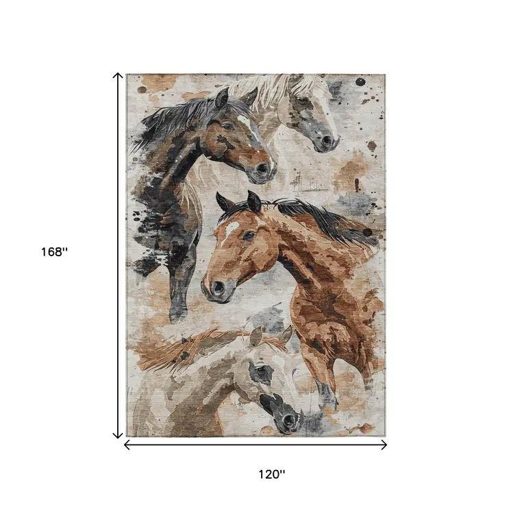 10' X 14' Beige Charcoal And Brown Horse Washable Indoor Outdoor Area Rug