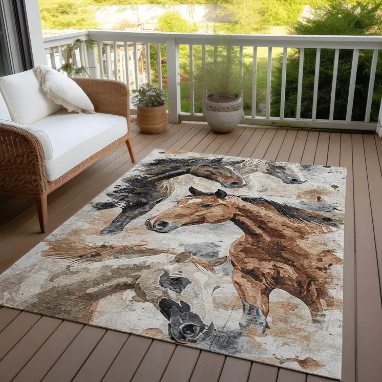 10' X 14' Beige Charcoal And Brown Horse Washable Indoor Outdoor Area Rug
