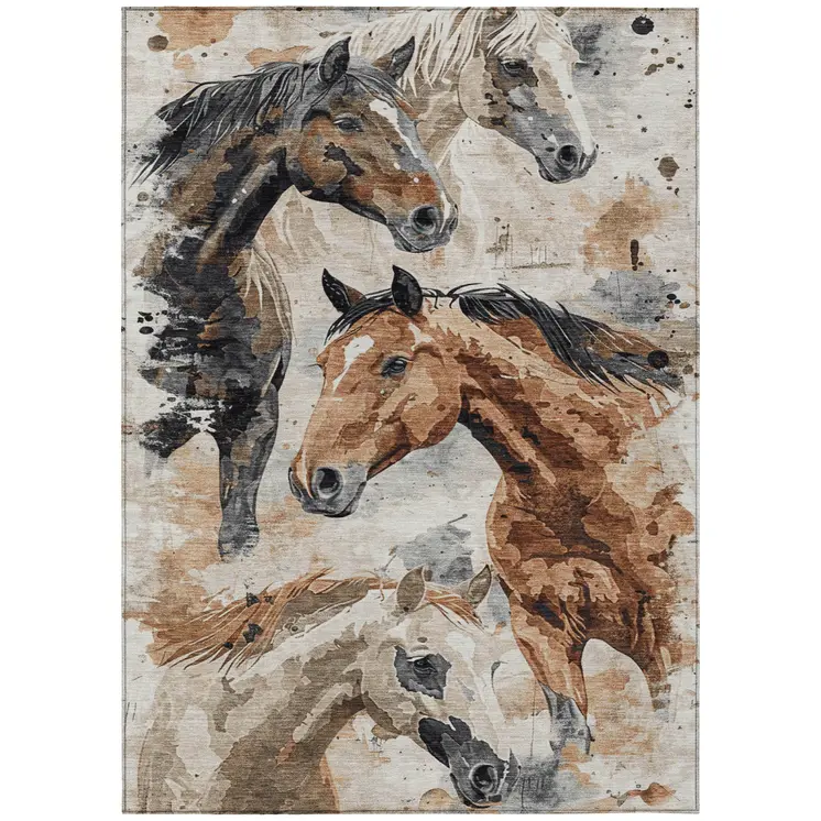 10' X 14' Beige Charcoal And Brown Horse Washable Indoor Outdoor Area Rug