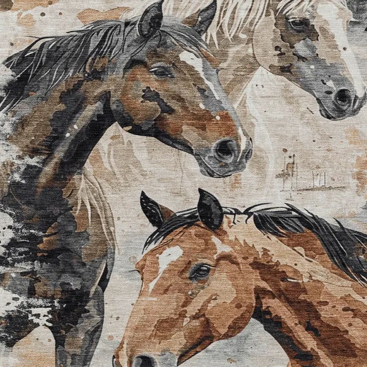 10' X 14' Beige Charcoal And Brown Horse Washable Indoor Outdoor Area Rug