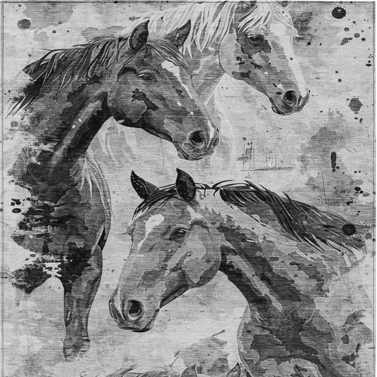 3' X 5' Gray And Silver Horse Washable Indoor Outdoor Area Rug