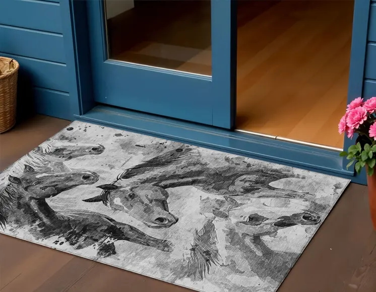 3' X 5' Gray And Silver Horse Washable Indoor Outdoor Area Rug