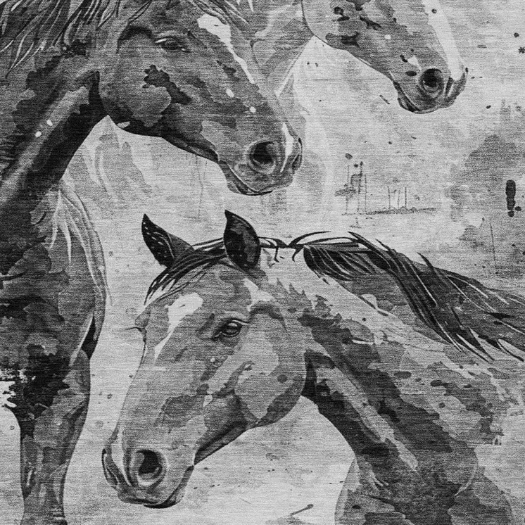 3' X 5' Gray And Silver Horse Washable Indoor Outdoor Area Rug