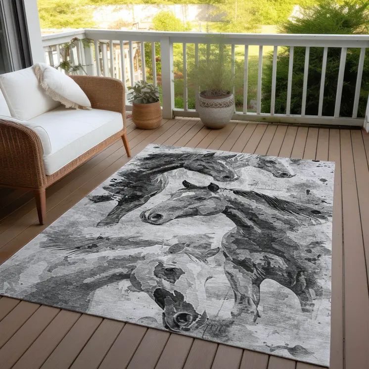 5' X 8' Gray And Silver Horse Washable Indoor Outdoor Area Rug