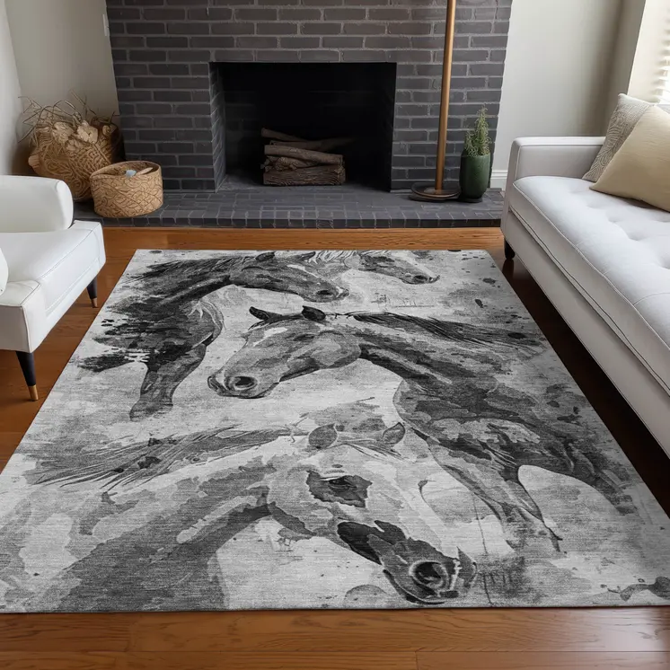 5' X 8' Gray And Silver Horse Washable Indoor Outdoor Area Rug