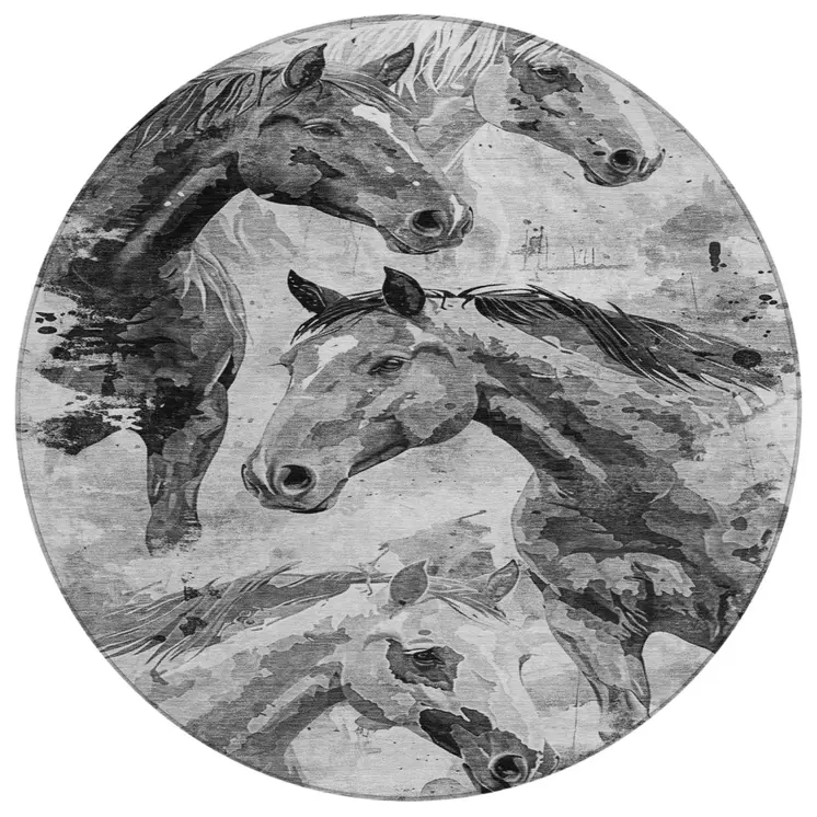 8' Gray And Silver Round Horse Washable Indoor Outdoor Area Rug
