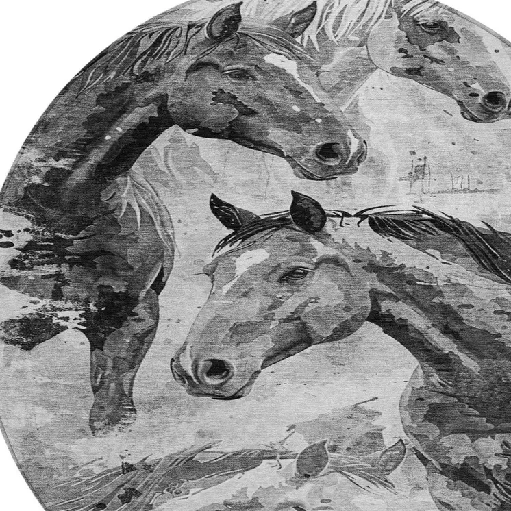 8' Gray And Silver Round Horse Washable Indoor Outdoor Area Rug