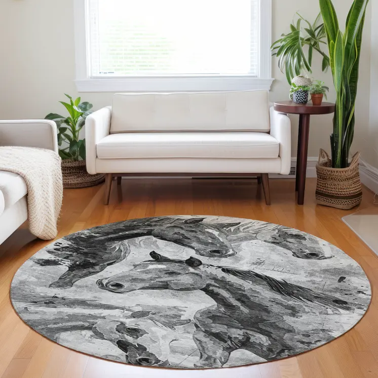 8' Gray And Silver Round Horse Washable Indoor Outdoor Area Rug