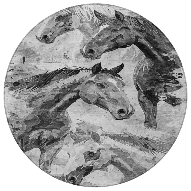 8' Gray And Silver Round Horse Washable Indoor Outdoor Area Rug