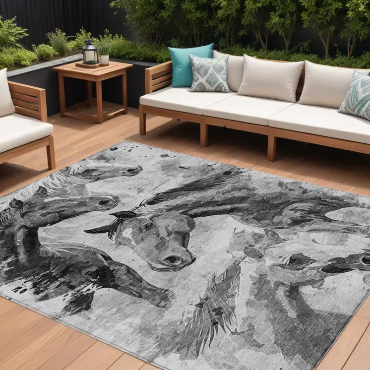 8' X 10' Gray And Silver Horse Washable Indoor Outdoor Area Rug