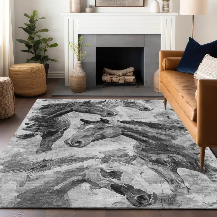 8' X 10' Gray And Silver Horse Washable Indoor Outdoor Area Rug