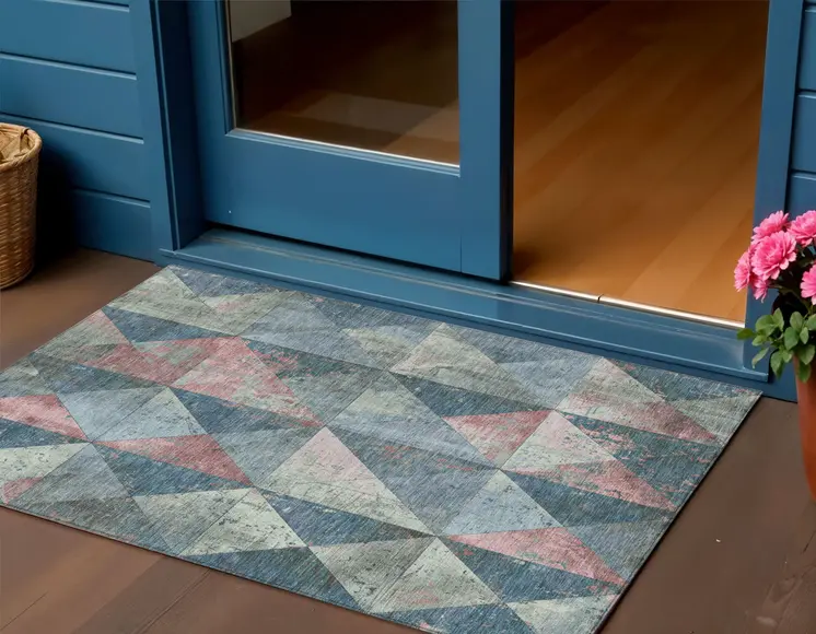 3' X 5' Denim Blue And Blush Geometric Washable Indoor Outdoor Area Rug