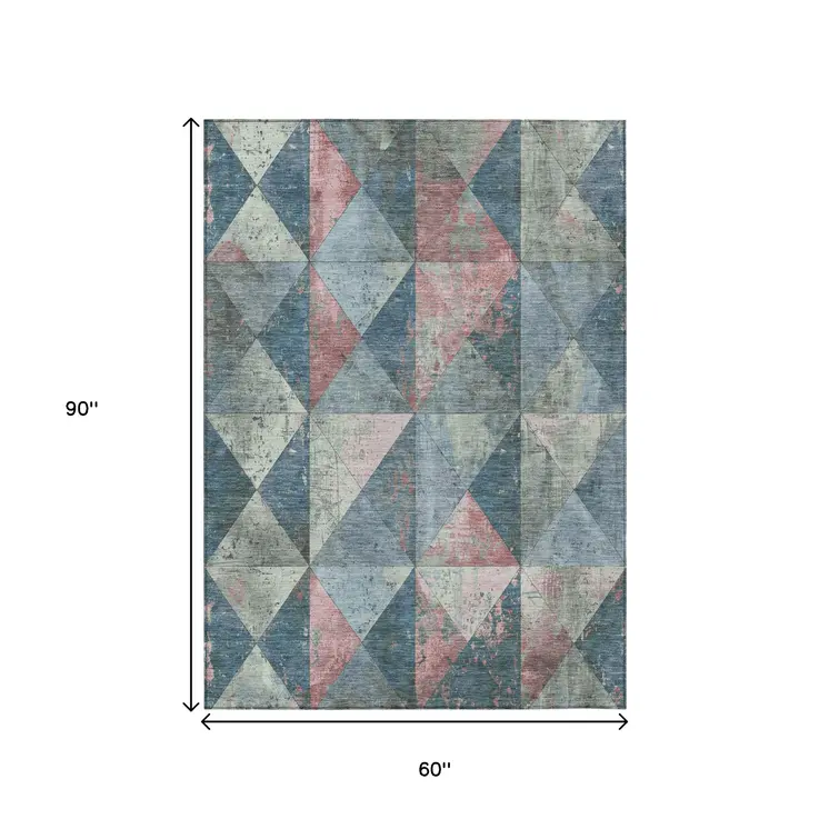 5' X 8' Denim Blue And Blush Geometric Washable Indoor Outdoor Area Rug