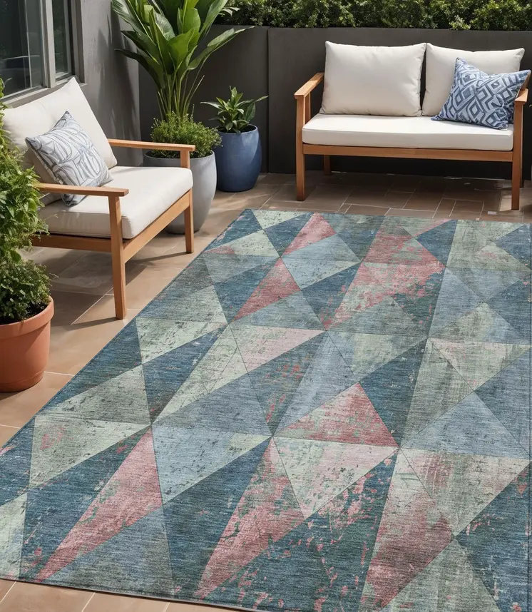 5' X 8' Denim Blue And Blush Geometric Washable Indoor Outdoor Area Rug