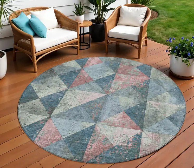 8' Denim Blue And Blush Round Geometric Washable Indoor Outdoor Area Rug