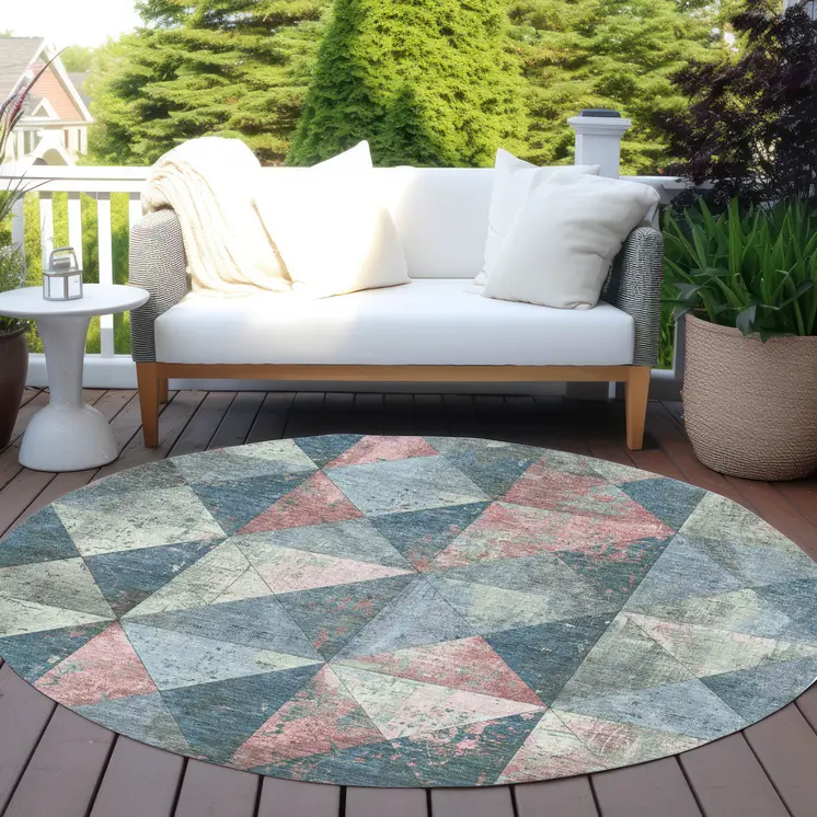 8' Denim Blue And Blush Round Geometric Washable Indoor Outdoor Area Rug