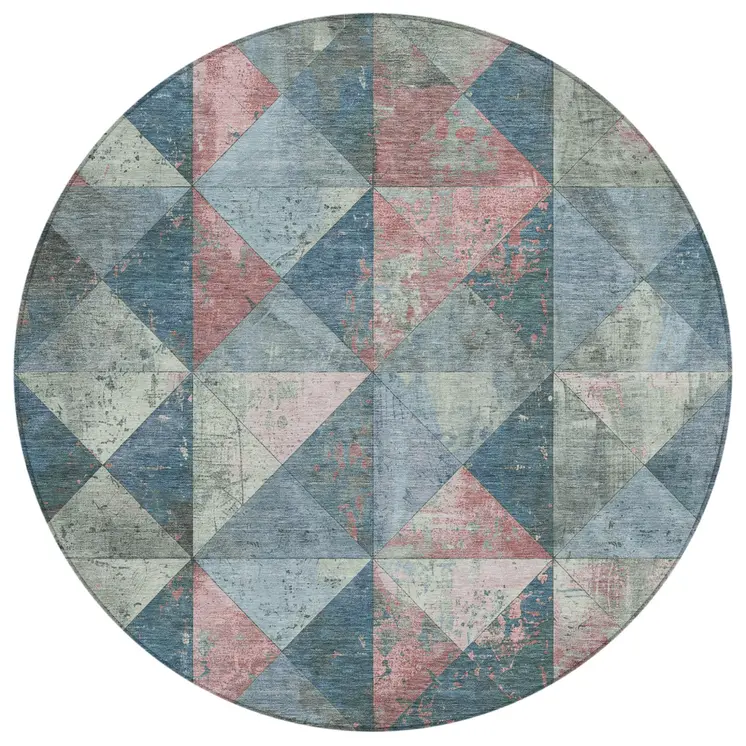 8' Denim Blue And Blush Round Geometric Washable Indoor Outdoor Area Rug