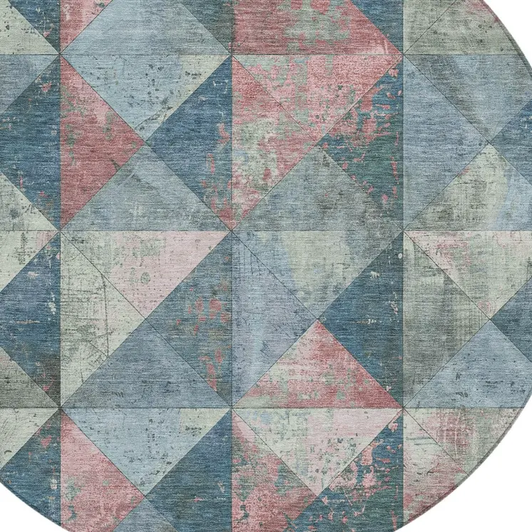8' Denim Blue And Blush Round Geometric Washable Indoor Outdoor Area Rug