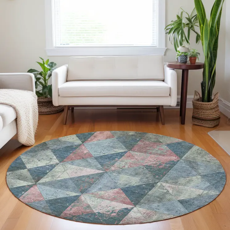 8' Denim Blue And Blush Round Geometric Washable Indoor Outdoor Area Rug