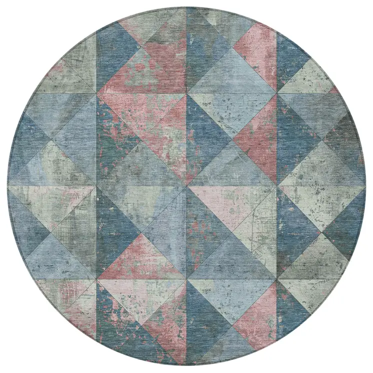 8' Denim Blue And Blush Round Geometric Washable Indoor Outdoor Area Rug