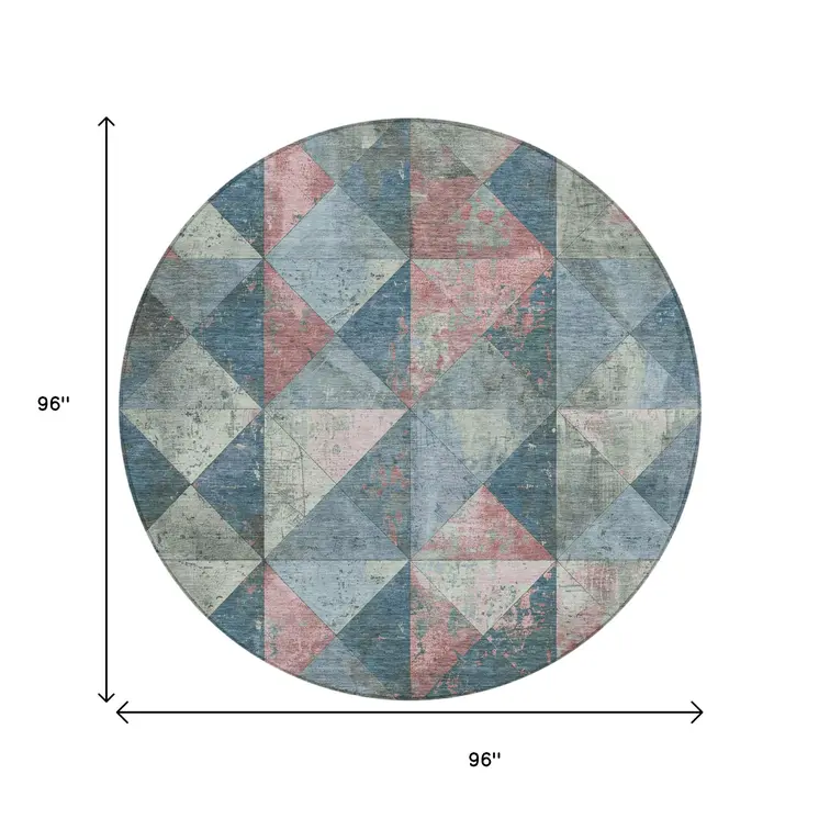 8' Denim Blue And Blush Round Geometric Washable Indoor Outdoor Area Rug