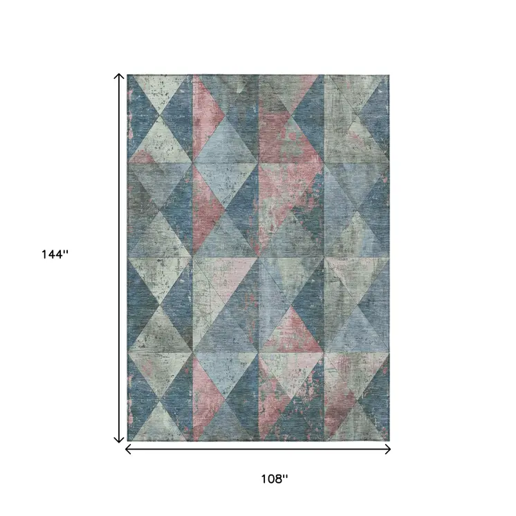 9' X 12' Denim Blue And Blush Geometric Washable Indoor Outdoor Area Rug