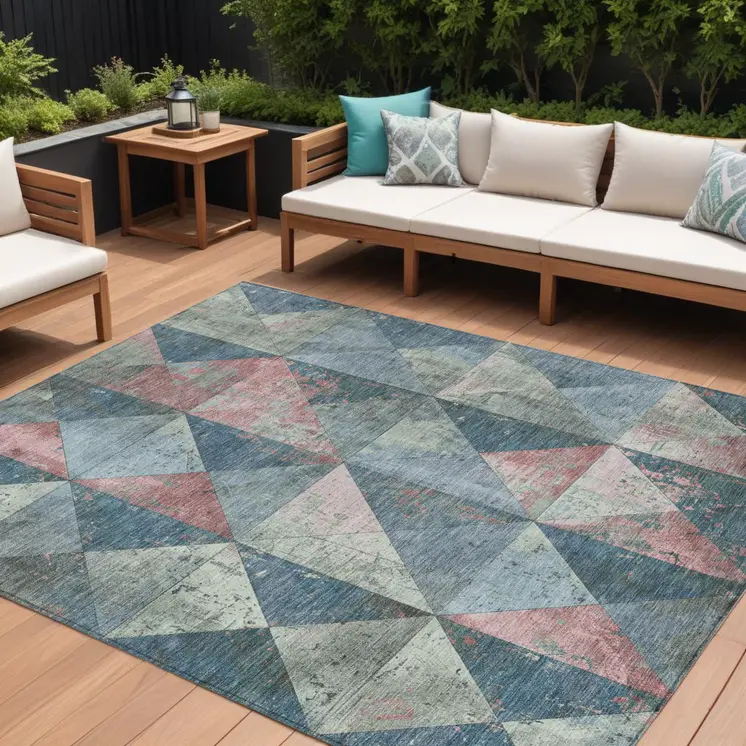 9' X 12' Denim Blue And Blush Geometric Washable Indoor Outdoor Area Rug