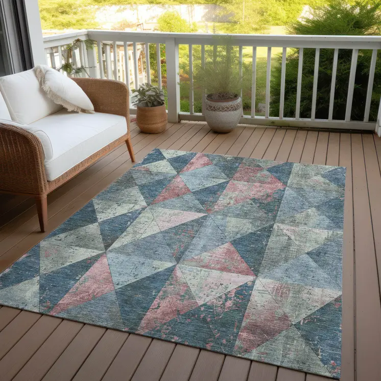 9' X 12' Denim Blue And Blush Geometric Washable Indoor Outdoor Area Rug