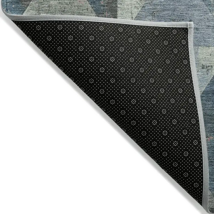 9' X 12' Denim Blue And Blush Geometric Washable Indoor Outdoor Area Rug