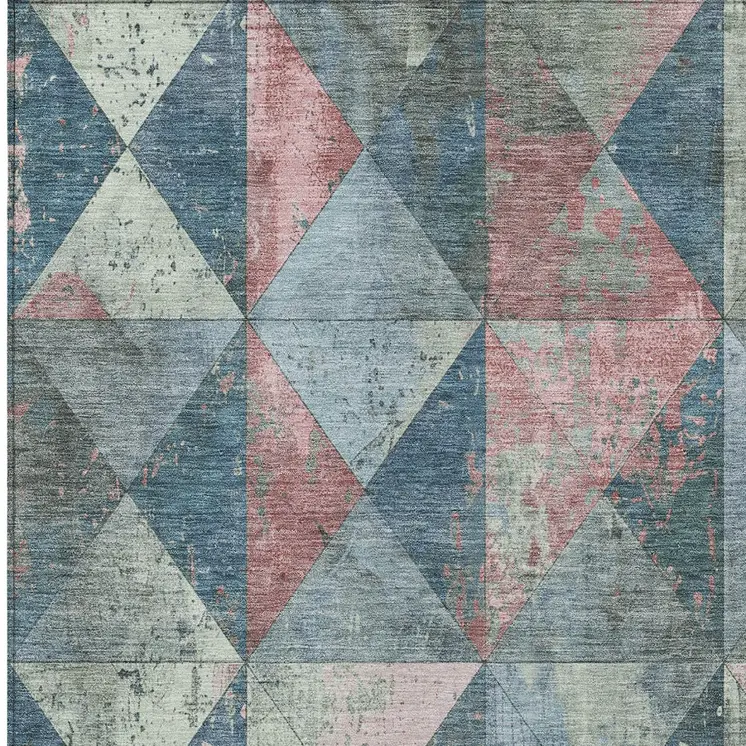 9' X 12' Denim Blue And Blush Geometric Washable Indoor Outdoor Area Rug