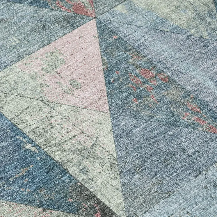 9' X 12' Denim Blue And Blush Geometric Washable Indoor Outdoor Area Rug
