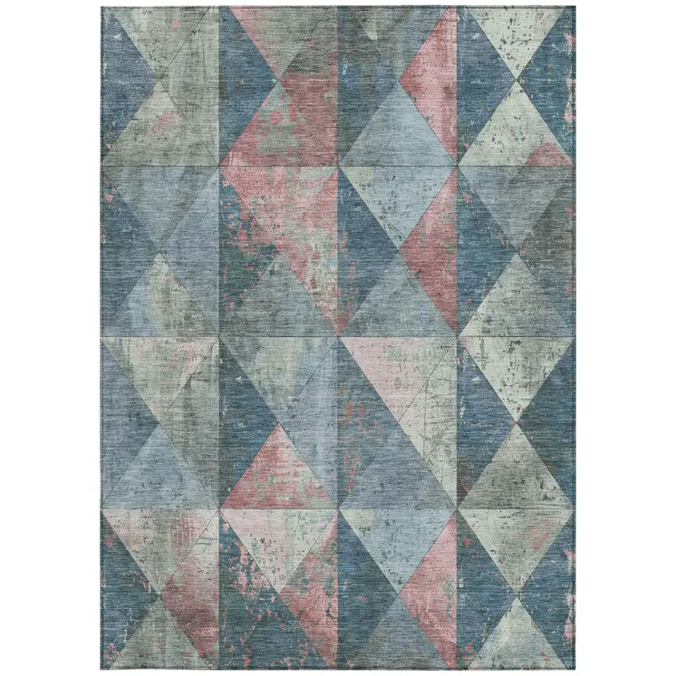 10' X 14' Denim Blue And Blush Geometric Washable Indoor Outdoor Area Rug