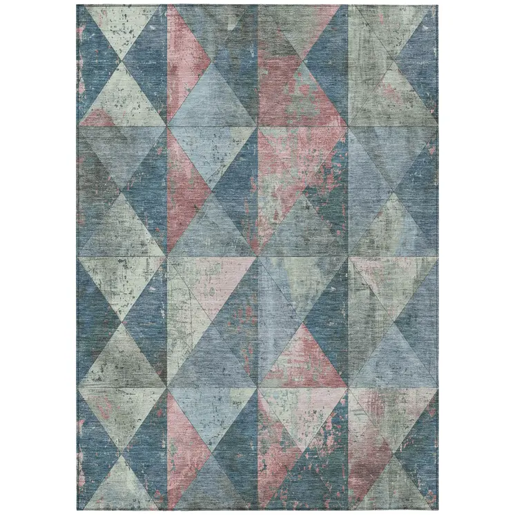 10' X 14' Denim Blue And Blush Geometric Washable Indoor Outdoor Area Rug