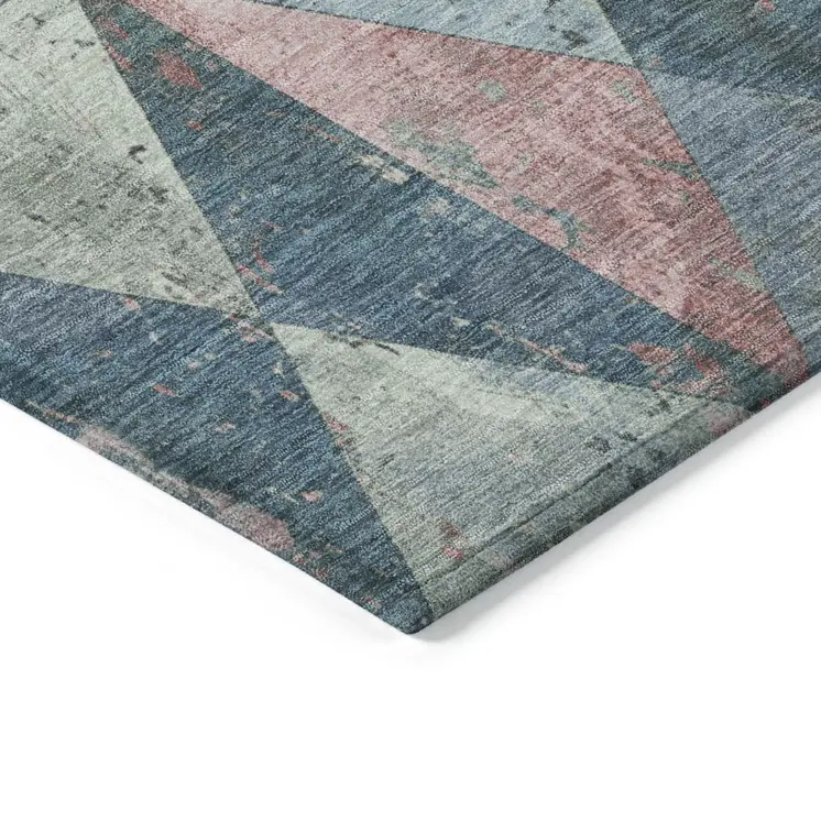 10' X 14' Denim Blue And Blush Geometric Washable Indoor Outdoor Area Rug