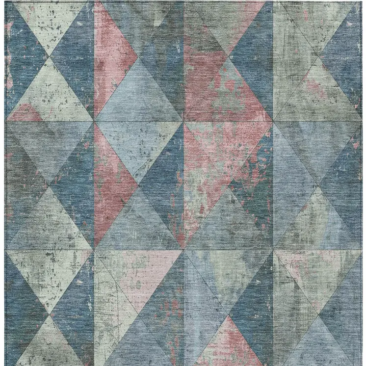 10' X 14' Denim Blue And Blush Geometric Washable Indoor Outdoor Area Rug