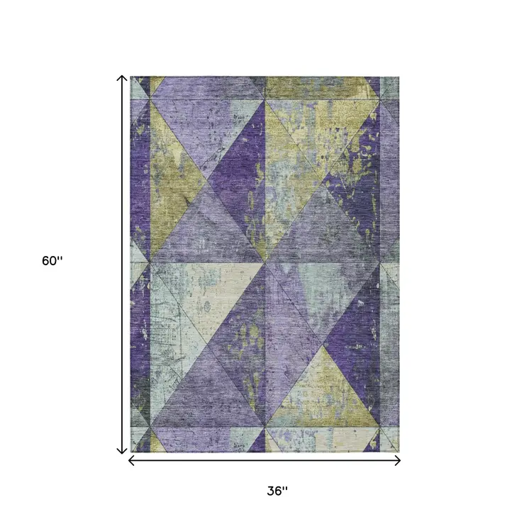 3' X 5' Eggplant And Gold Geometric Washable Indoor Outdoor Area Rug