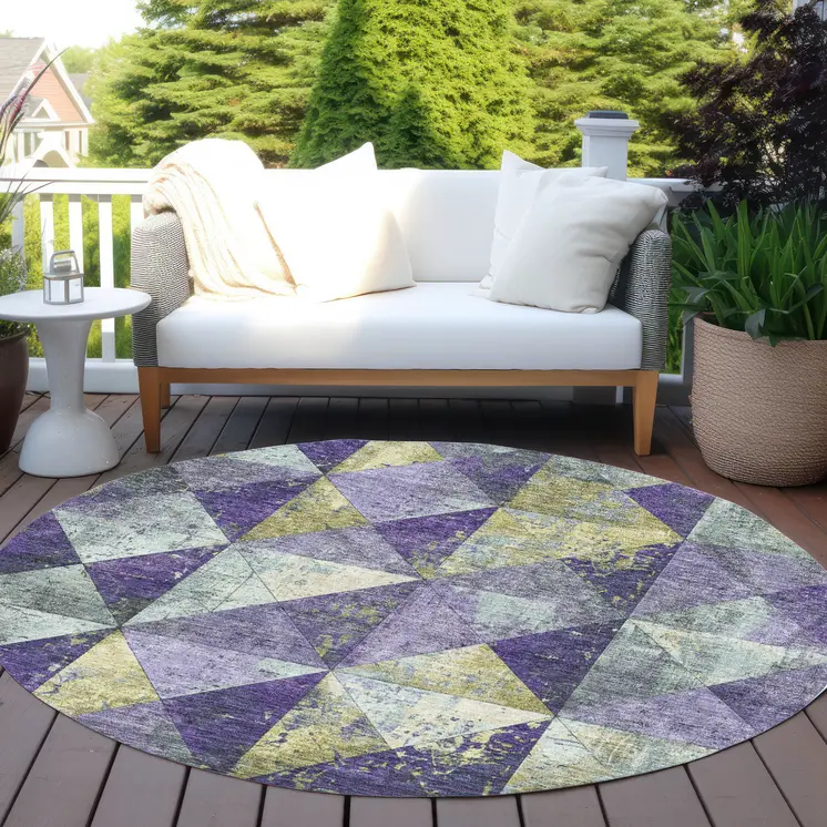 8' Eggplant And Gold Round Geometric Washable Indoor Outdoor Area Rug