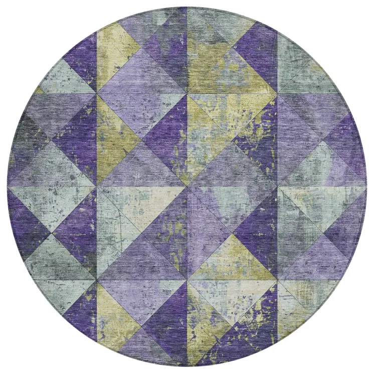 8' Eggplant And Gold Round Geometric Washable Indoor Outdoor Area Rug