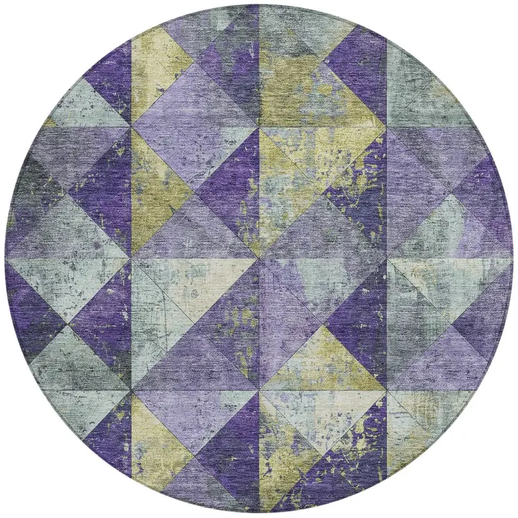 8' Eggplant And Gold Round Geometric Washable Indoor Outdoor Area Rug