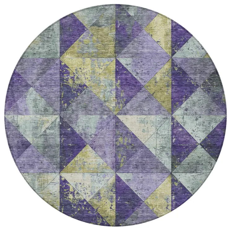 8' Eggplant And Gold Round Geometric Washable Indoor Outdoor Area Rug
