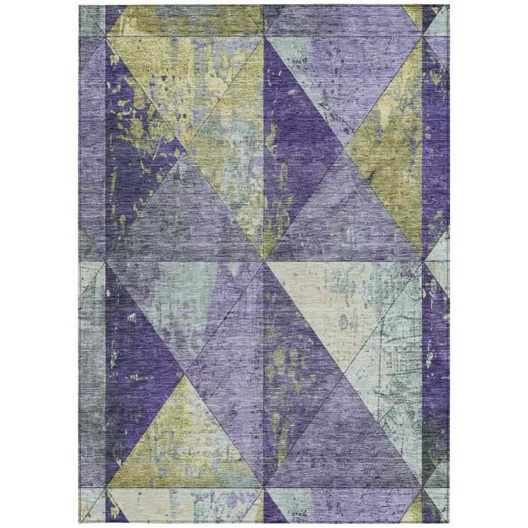 10' X 14' Eggplant And Gold Geometric Washable Indoor Outdoor Area Rug