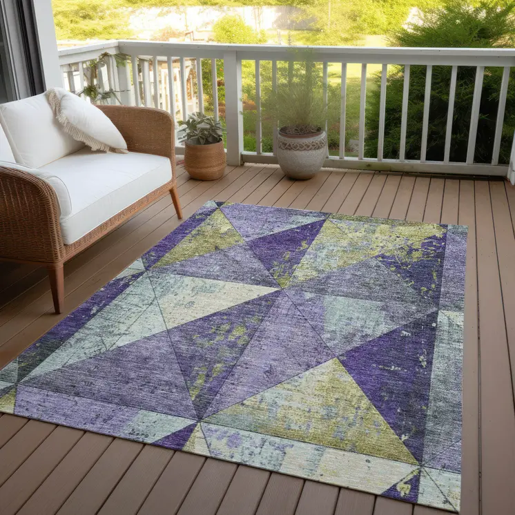 10' X 14' Eggplant And Gold Geometric Washable Indoor Outdoor Area Rug