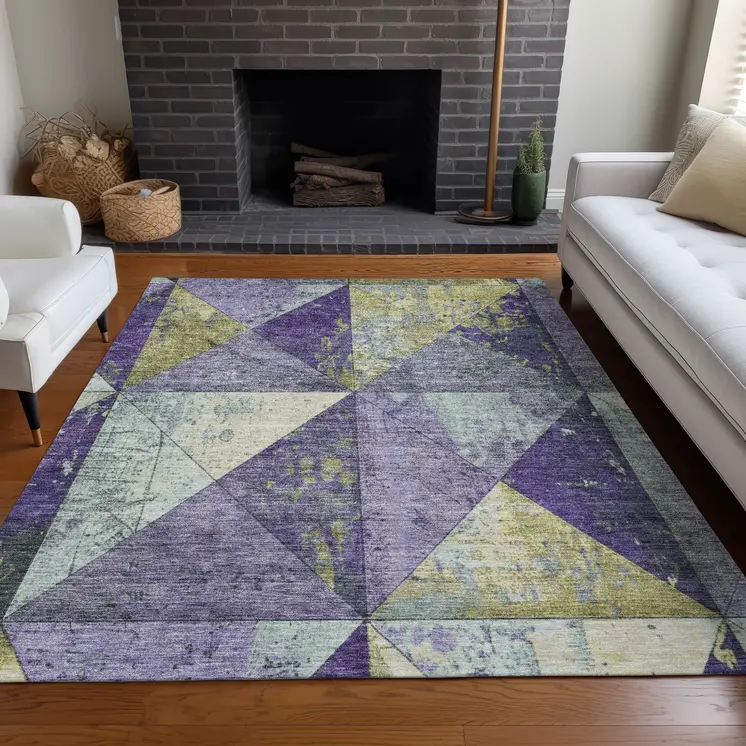 10' X 14' Eggplant And Gold Geometric Washable Indoor Outdoor Area Rug