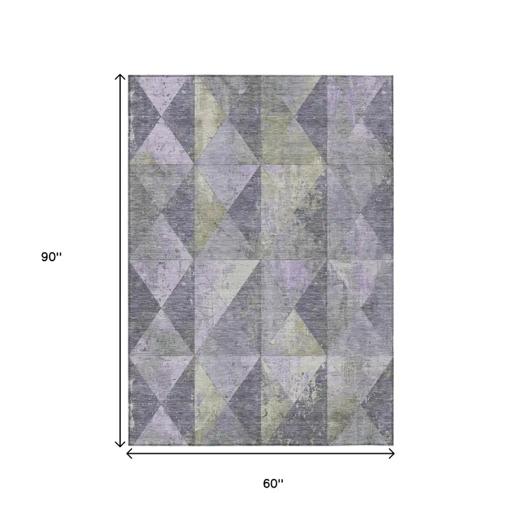 5' X 8' Lavender And Fern Green Geometric Washable Indoor Outdoor Area Rug