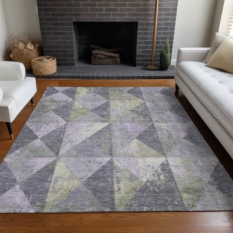 5' X 8' Lavender And Fern Green Geometric Washable Indoor Outdoor Area Rug