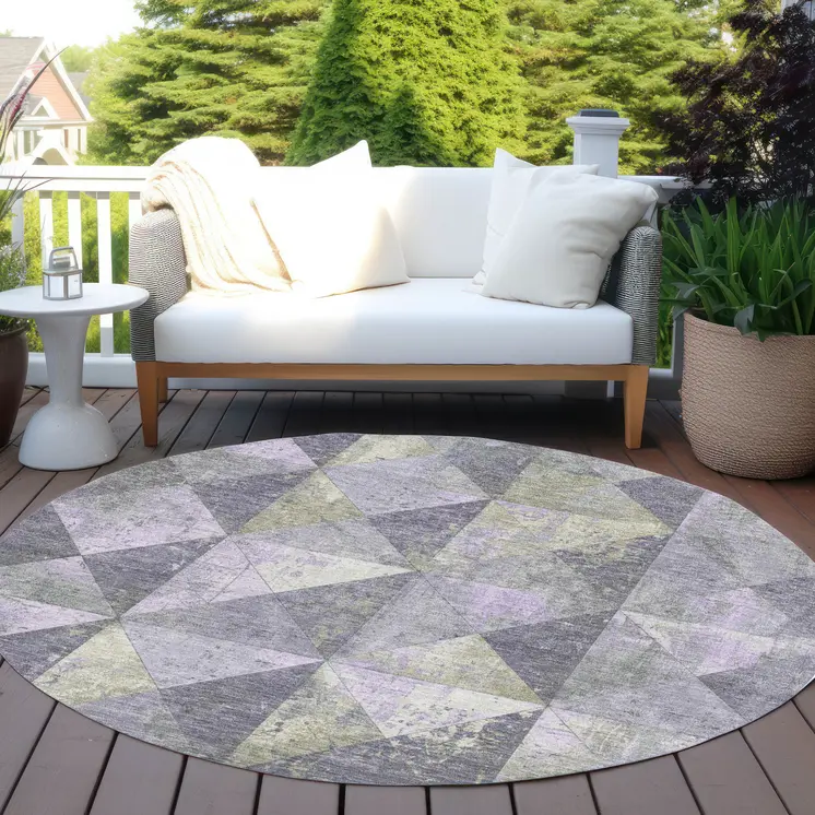8' Lavender And Fern Green Round Geometric Washable Indoor Outdoor Area Rug